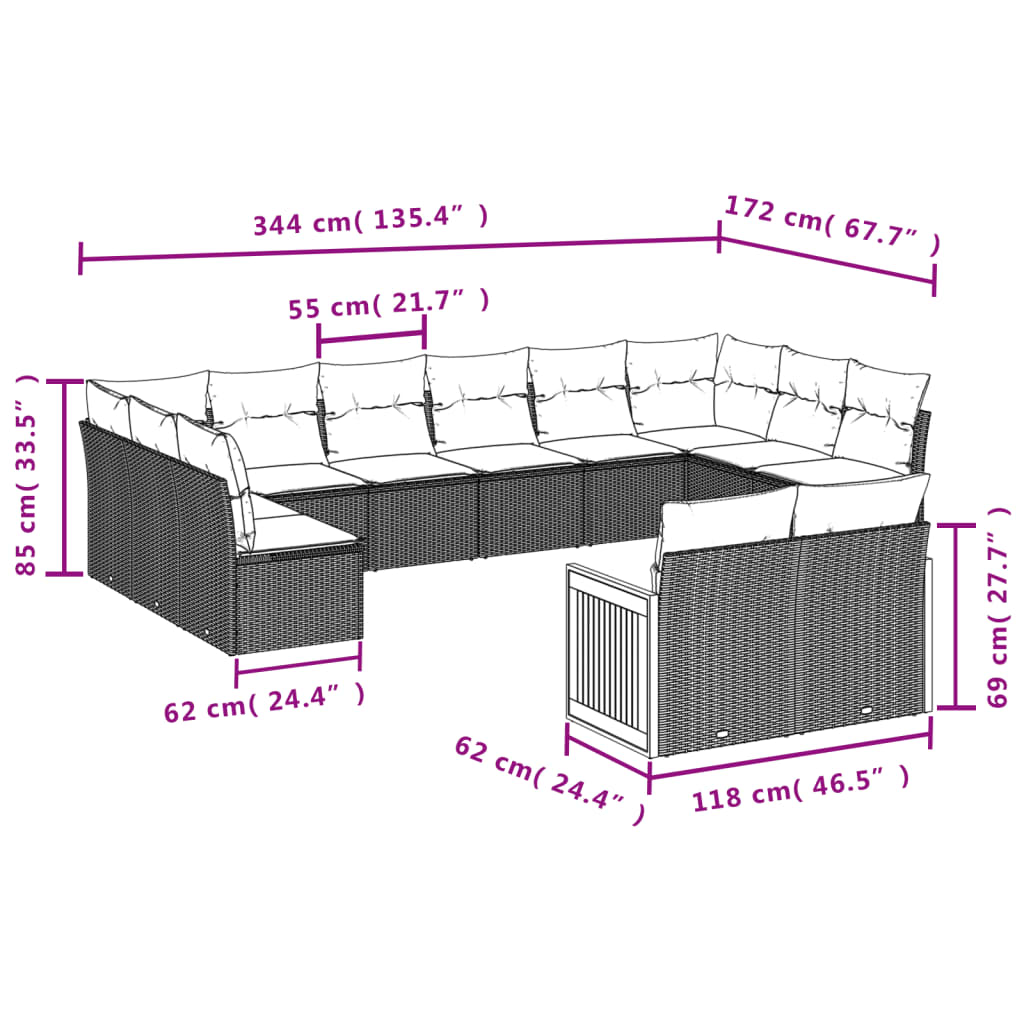Vidaxl 12-Cz. Conjunto de Muebles de Jardín, Con Cojines, Negro, Polirratán