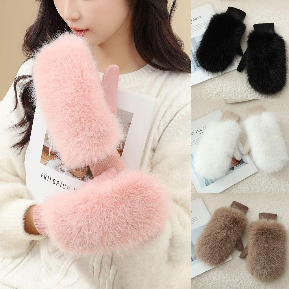 Women's Fashion Imitation Rabbit Fur Windproof Gloves Thick Warm Full Fingers Winter Warm Gloves Lining Soft Gloves Winter