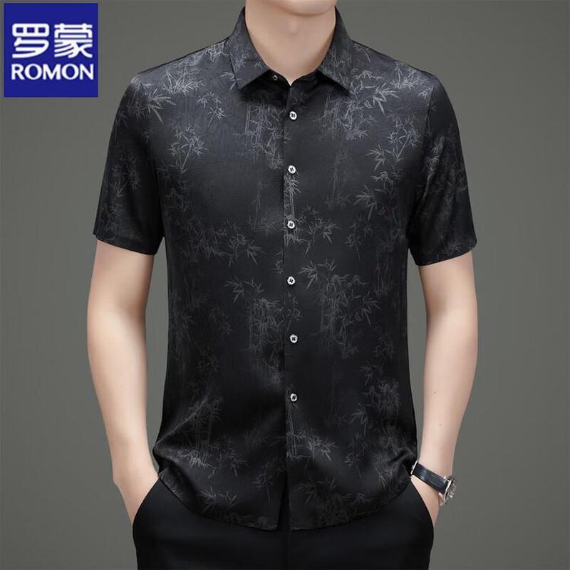 ROMON Men s Chinese Ink Bamboo Print Polo Shirt 190