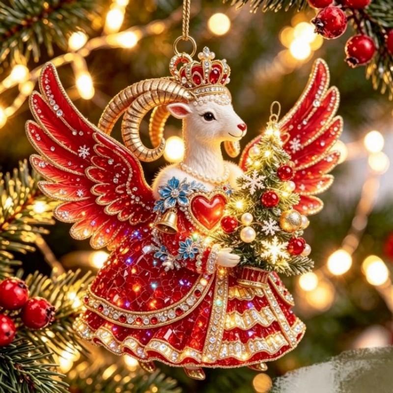 2D Flat Acrylic Hanging Ornament Red Gold Winged Goat Acrylic Pendant Christmas Tree Decoration Lunar New Year Holiday Gift