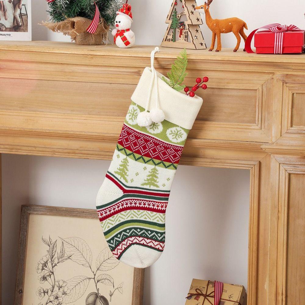 Tasche Weihnachtsgeschenk Weihnachtsornament mit Pompons Weihnachtsmann Socke Gestrickter Weihnachtsstrumpf Geschenktasche