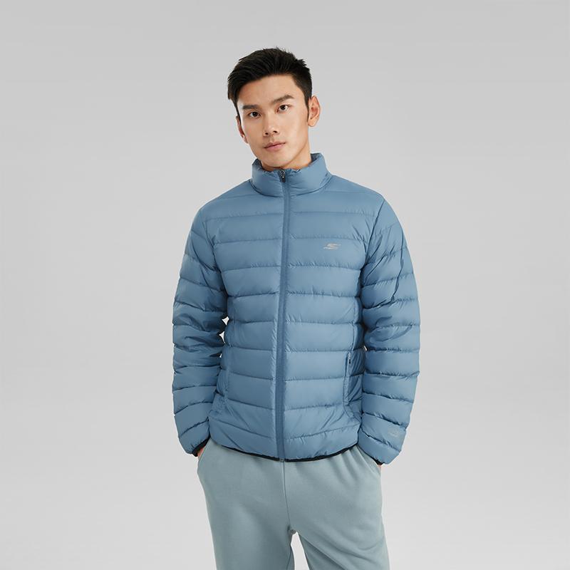 Skechers Solid Color Zipper Stand Collar Long Sleeve Quilted Down Jacket Men Outerwear Copenhagen-Blue P322M045-0378