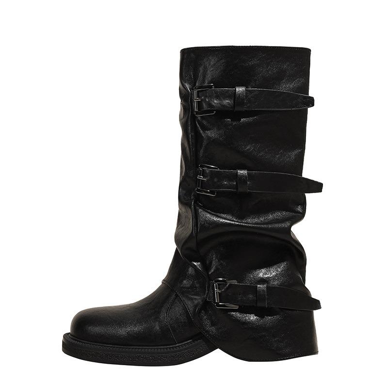 Wasteland wind belt buckle stacking boots new old retro western cowboy boots pleated medium boots