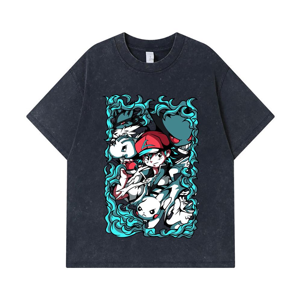 275 GSM Washed T-shirts 100% Cotton Pokemon V26 Print Unisex Heavy Cotton T Shirt
