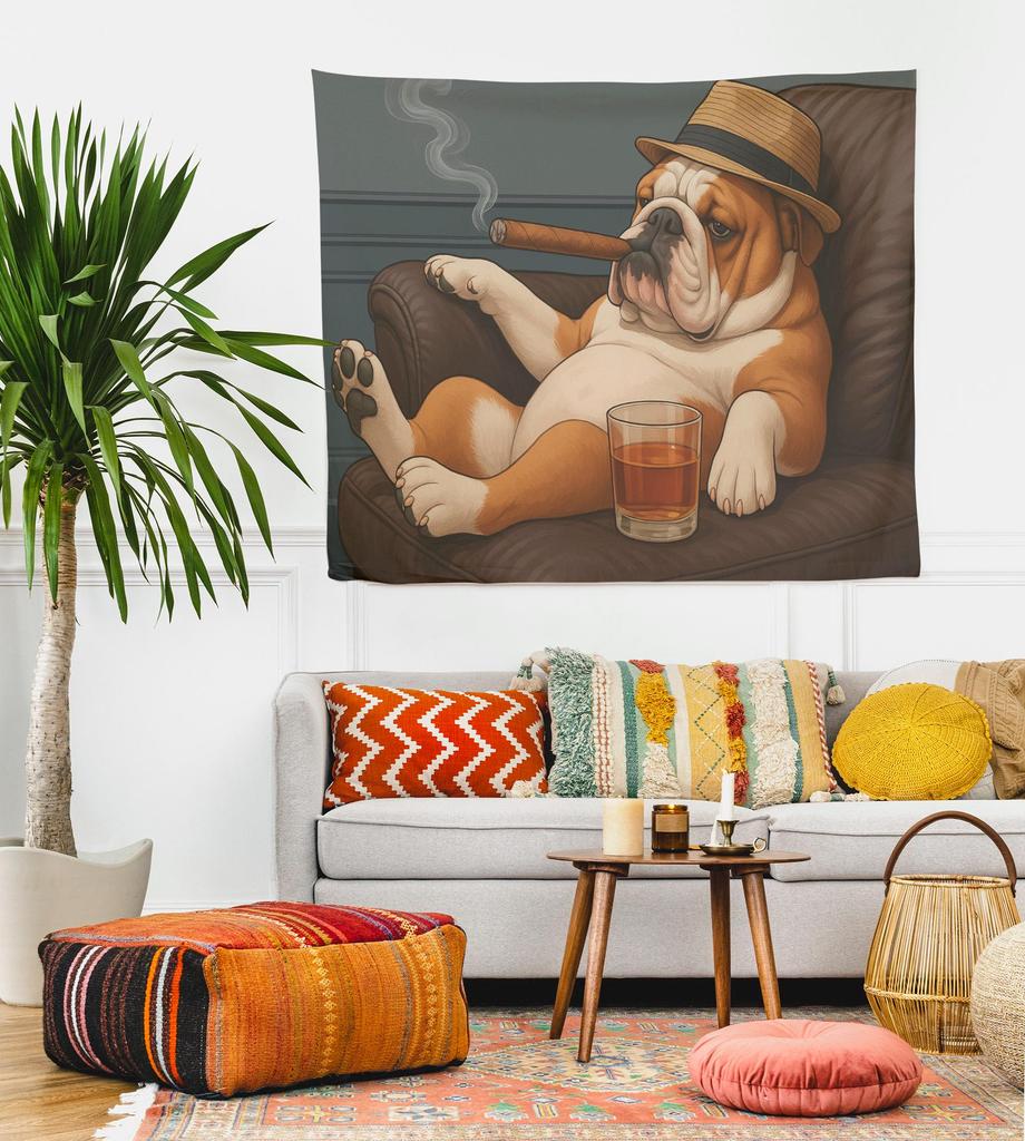 Funny Bulldog Tapestry Cigar Whiskey Dog Wall Hanging English Bulldog Wall Art Man Cave Decor Humorous Pet Lover Gift