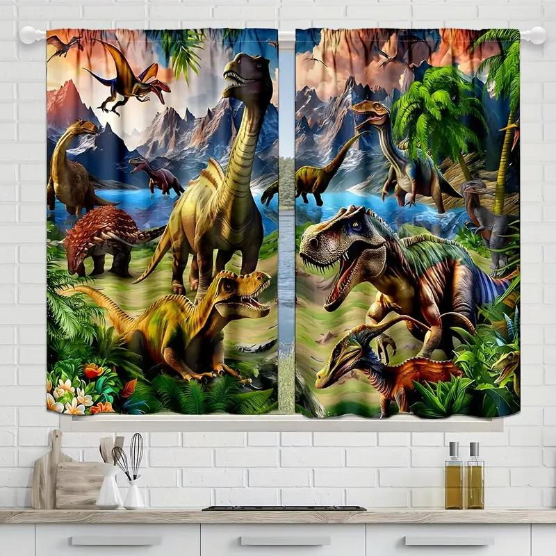 2pcs Vibrant Dinosaur Jungle Printed Curtains, Designed for Light Filtering, Quality Material, Ideal for Dinosaur Enthusiast Hom