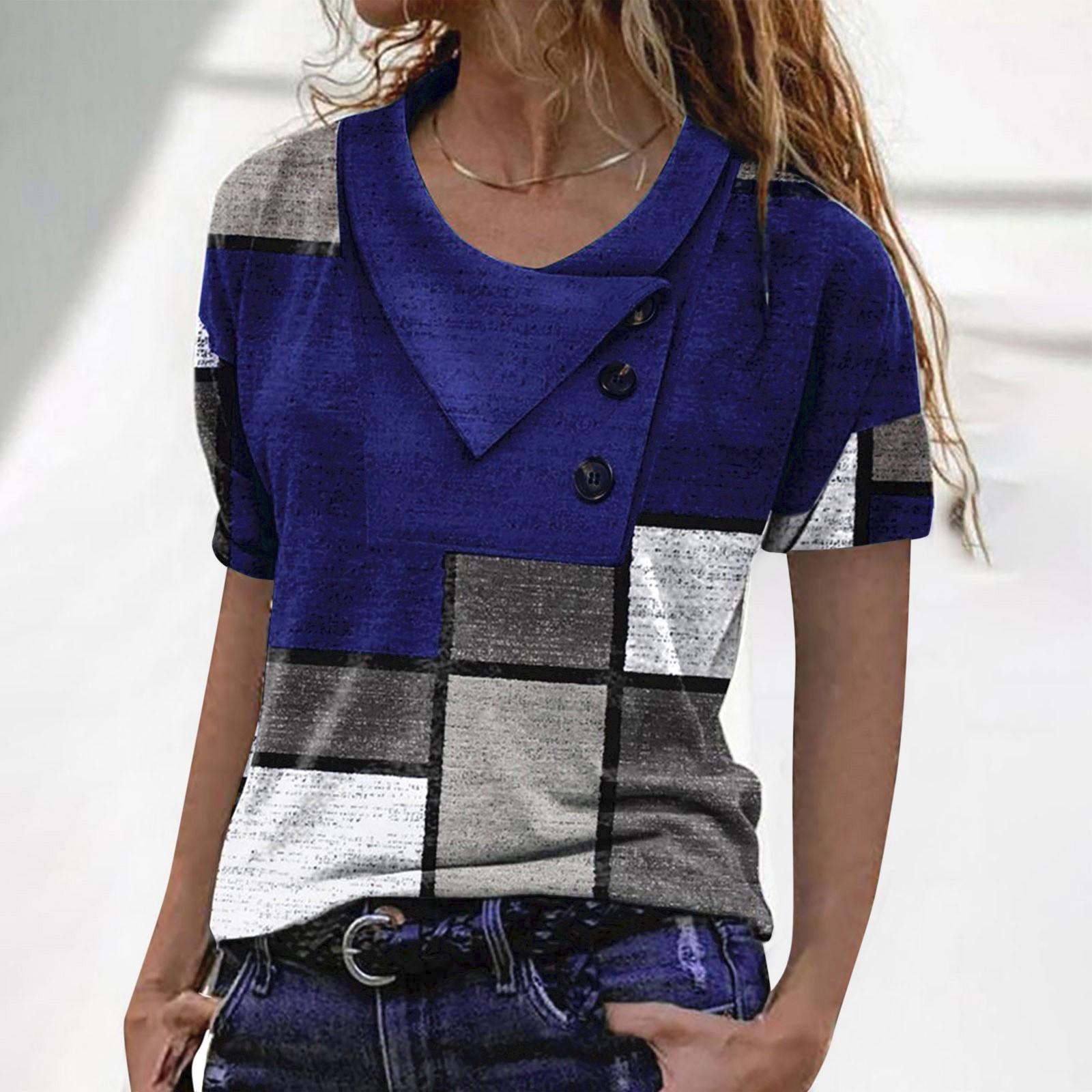 Жен. Футболка Контрастных цветов Геометрический принт Повседневная Геометрический принт С короткими рукавами С принтом на пуговицах Круглый вырез Верхушки XL синий