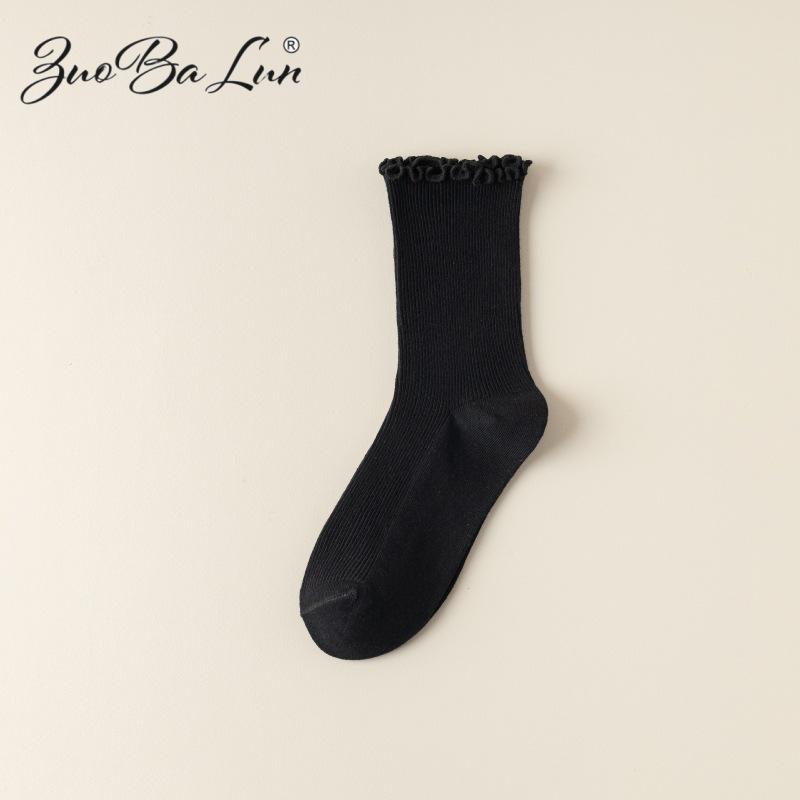 Barron Bubble Summer Cotton Lace Mid-Calf Socks with Wood Ear Edge - Japanese Sweet Style