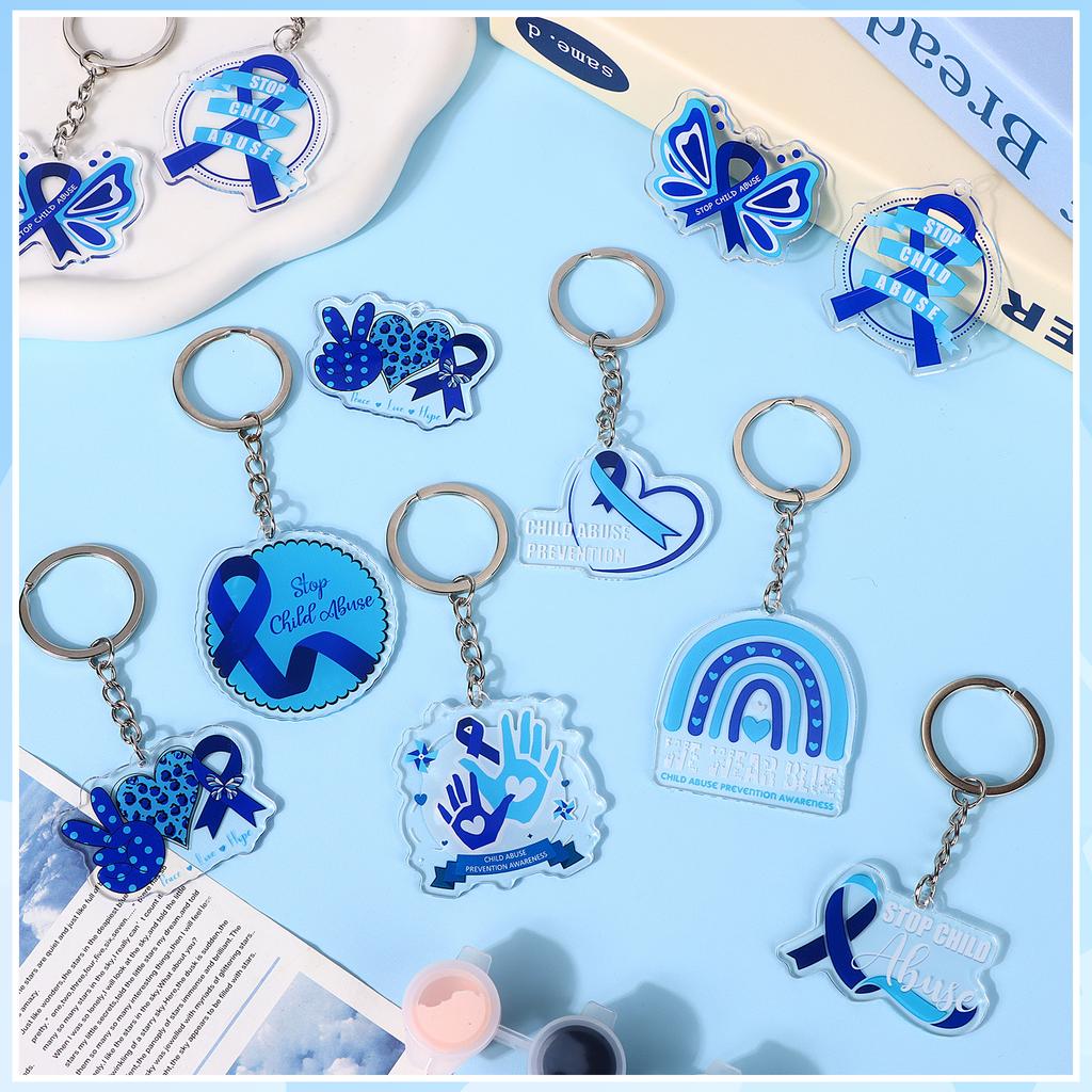 Haiabei 160Pcs Child Abuse Prevention Awareness Keychain Accessories Bulk Blue Pinwheel Ribbon Key Ring Jewelry Gifts For Nonpro