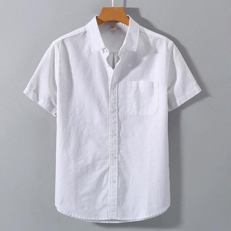 Summer Mens Short Sleeve Shirts Solid Color Stand Collar Oversize T Shirts Breathable Loose Youth Basic Cotton Pocket Shirts Man