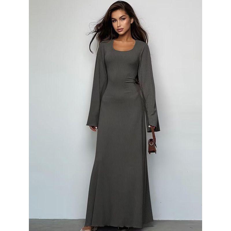 Fashion Fashion U-Collar Waist Trimming Lace Up Dress Rib Minimalist Temperament Pure Color Large Bell Sleeve Classic Dress