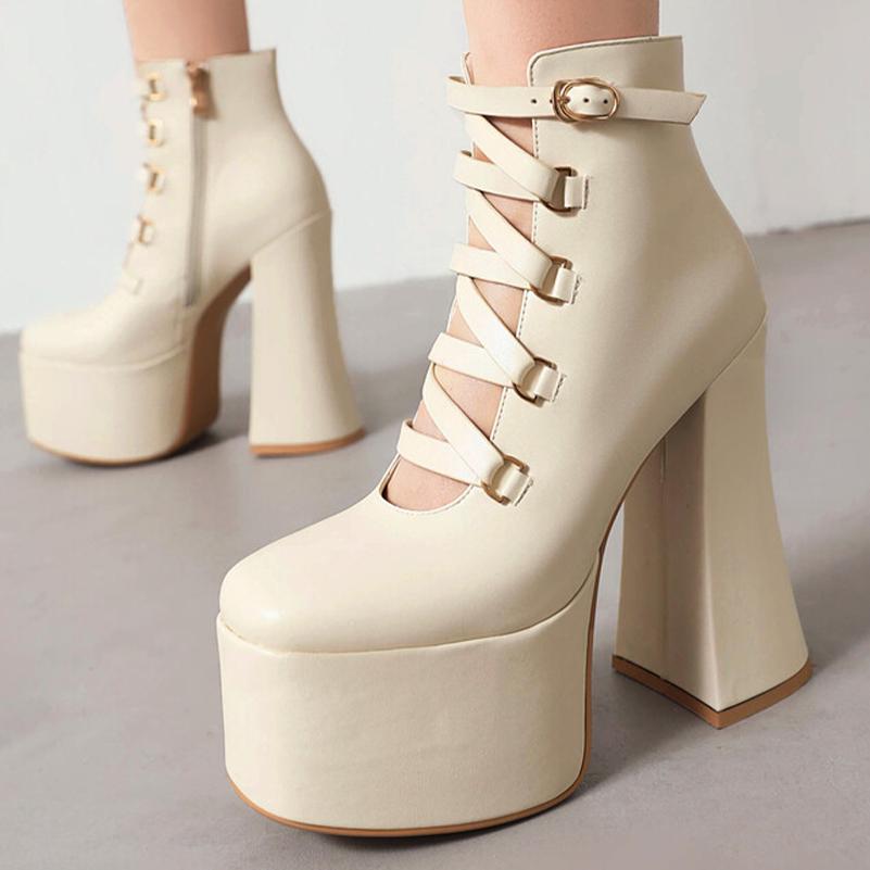 FOREADA Women Pu Leather Pumps Platform Super High Hoof Heels Round Toe Gladiator Zipper Punk Style Spring Autumn Shoes Black