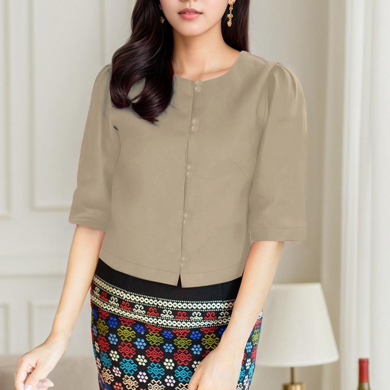 ZANZEA Women Casual Round Neck 3/4 Sleeve Summer Plain Blouse