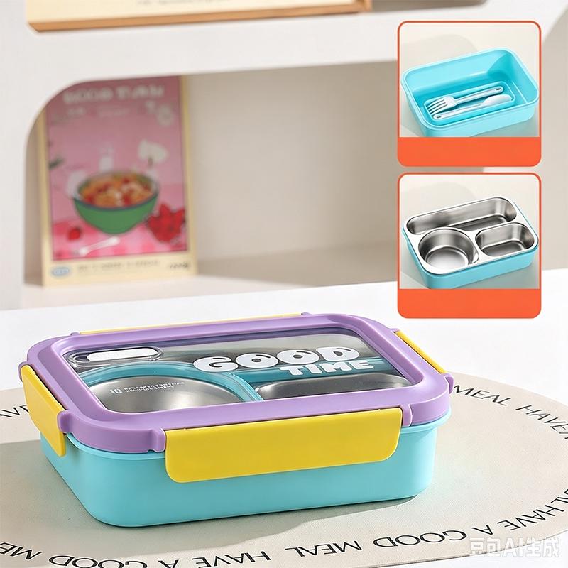 Food Grade 304 Stainless Steel Compartment Lunch Box Sealed Insulated Bento Box with Tableware for Students Office Workers