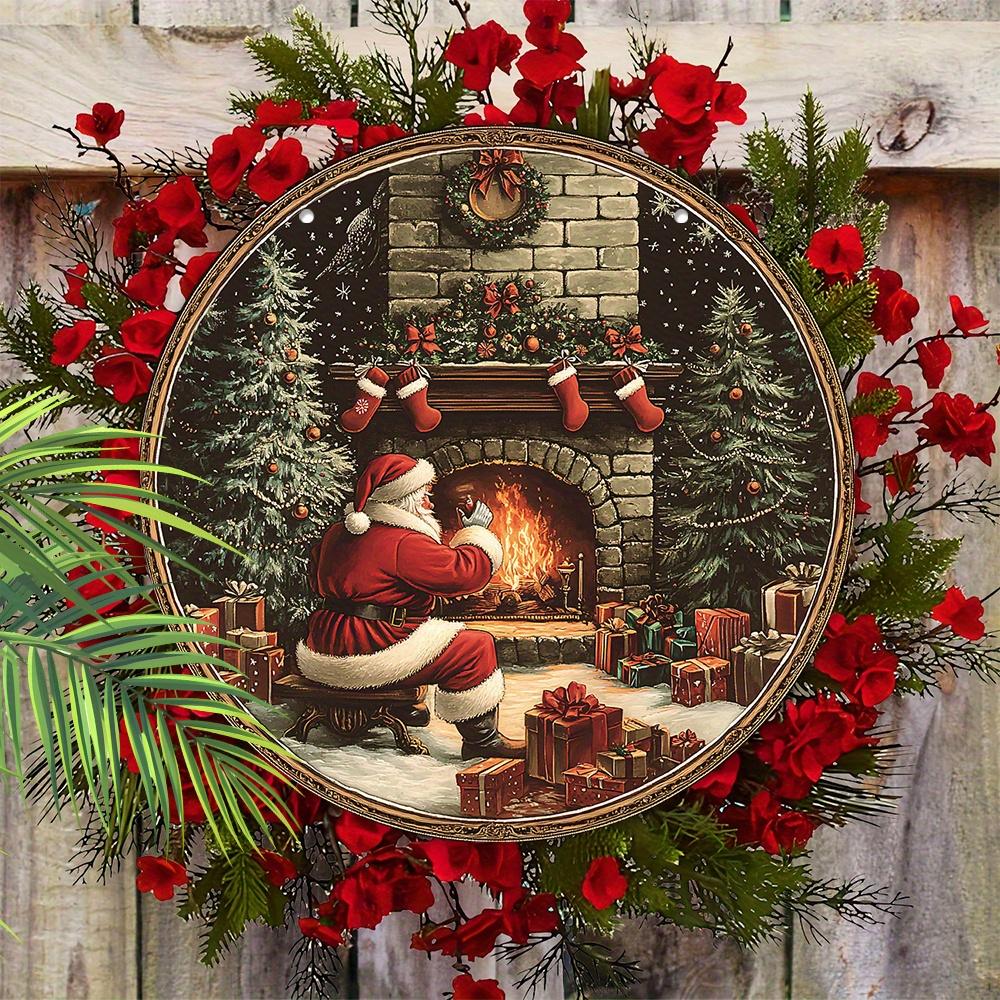 Vintage Wooden Christmas Sign with Santa Claus & Fireplace Pattern, Christmas Eve Round Sign for Front Door Wall Hanging Decor, Ideal Christmas Gift