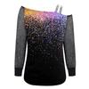 Cold Shoulder Splicing Printed Top Loose One-Shoulder Sequined Mesh T-Shirt Casual Sleeve Long Top Strapless Top