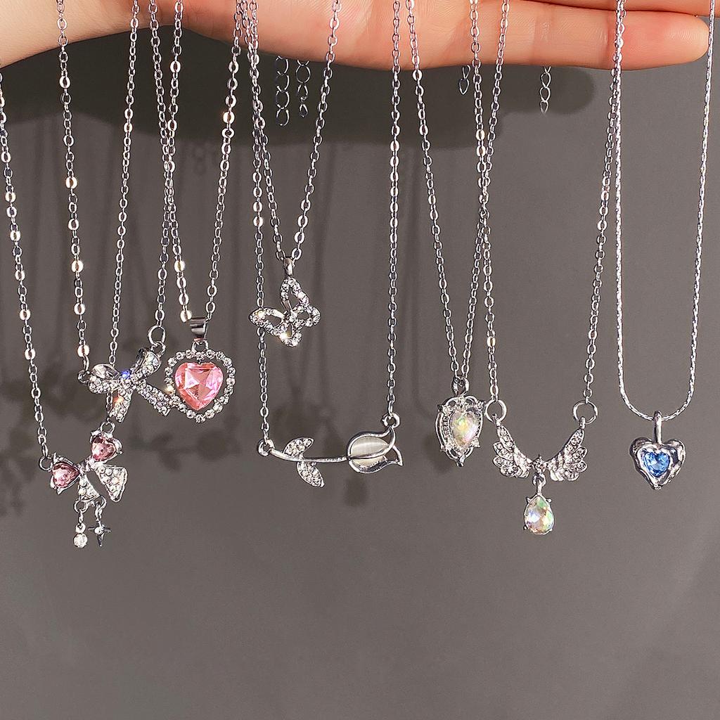 Y2K Anhänger Halsketten Sets Damen Kristall Schmetterling Engelsflügel Herz Halsketten Elegant Exquisit Tägliche Wear Schmuck Zubehör