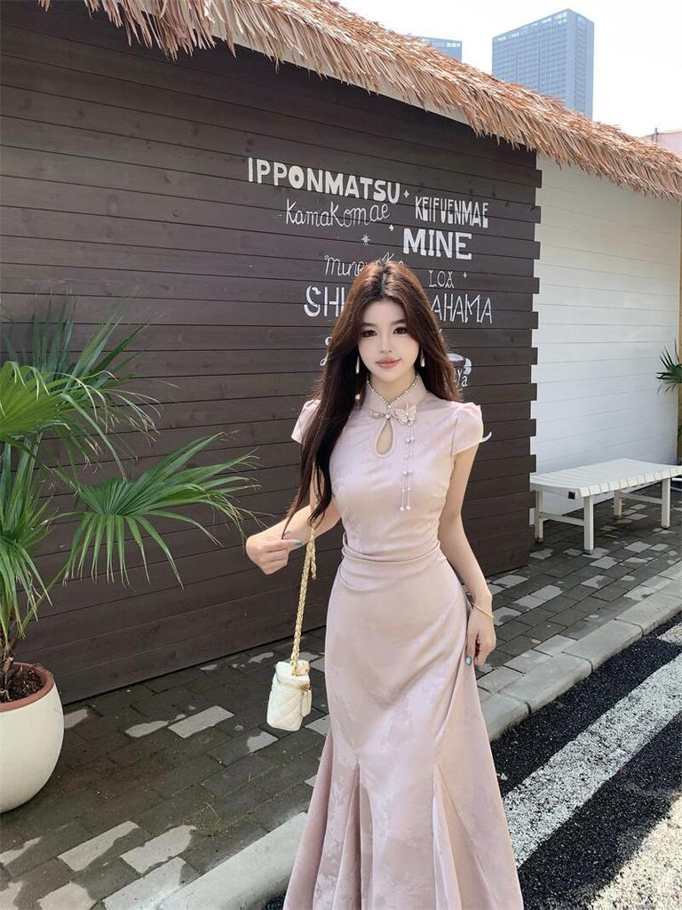 Plus Size Women's Summer Stand Collar Jacquard Slim Fit Qipao