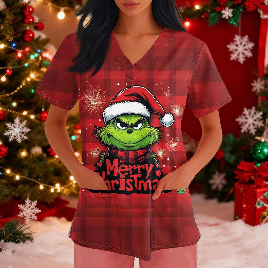 Women's Loose Short Sleeved Fashionable Tooth Pattern Printing V-neck Buttonable Side Slit Top T-shirt