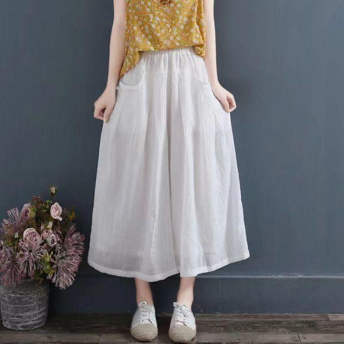 Frühling und Sommer Neue Leichte und Dünne Retro Chinesischer Stil Hohe Taille Lässige Plisseehose Rock Einfache Lässige Weitbeinige Hose