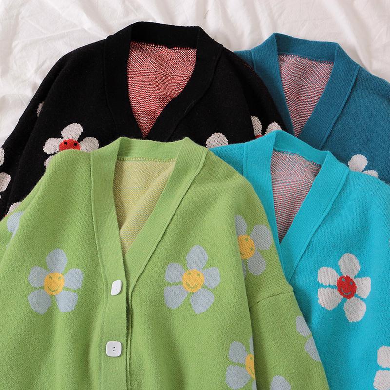 Preppy Style Flower Knit Cardigans Sweater Women V-Neck Loose Elegaht Thicked Pull Femme Print Short Casual Coat