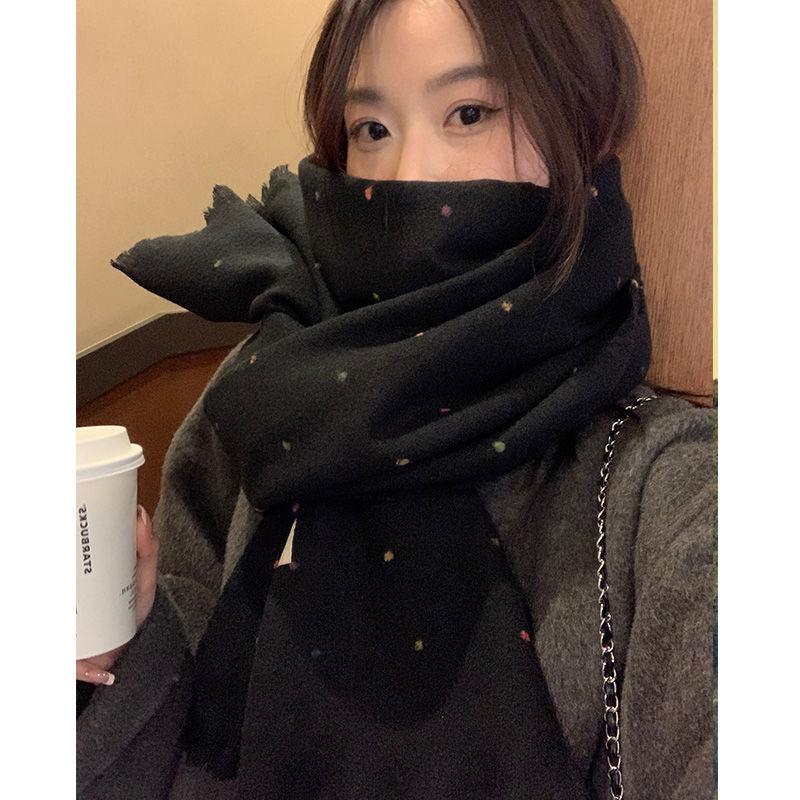 Starry White Scarf for Women in Autumn and Winter New Polka Dot Tassel Korean Style Shawl Dual Purpose High End Scarf