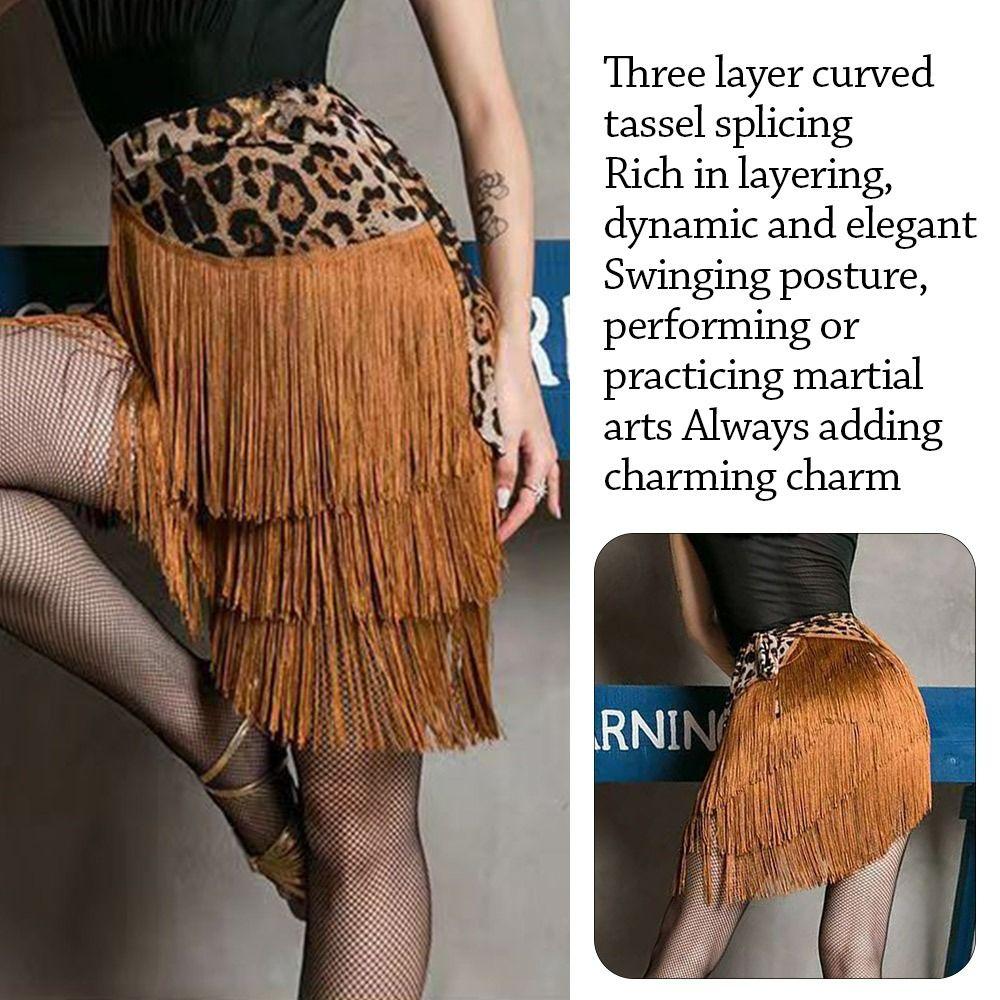 Tassel Latin Dance Skirt Leopard Print Rumba Dance Skirt Fashion Performance Costume  for Women