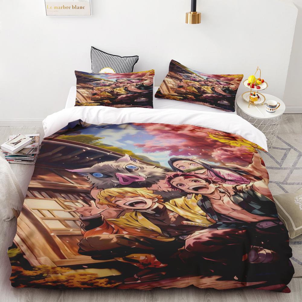 Duvet Covers Demon Slayer Bedding Sets Cartoon Comforter Bed Linen Boys Kids Single Double Size Soft Bedclothes Home Decor Anime