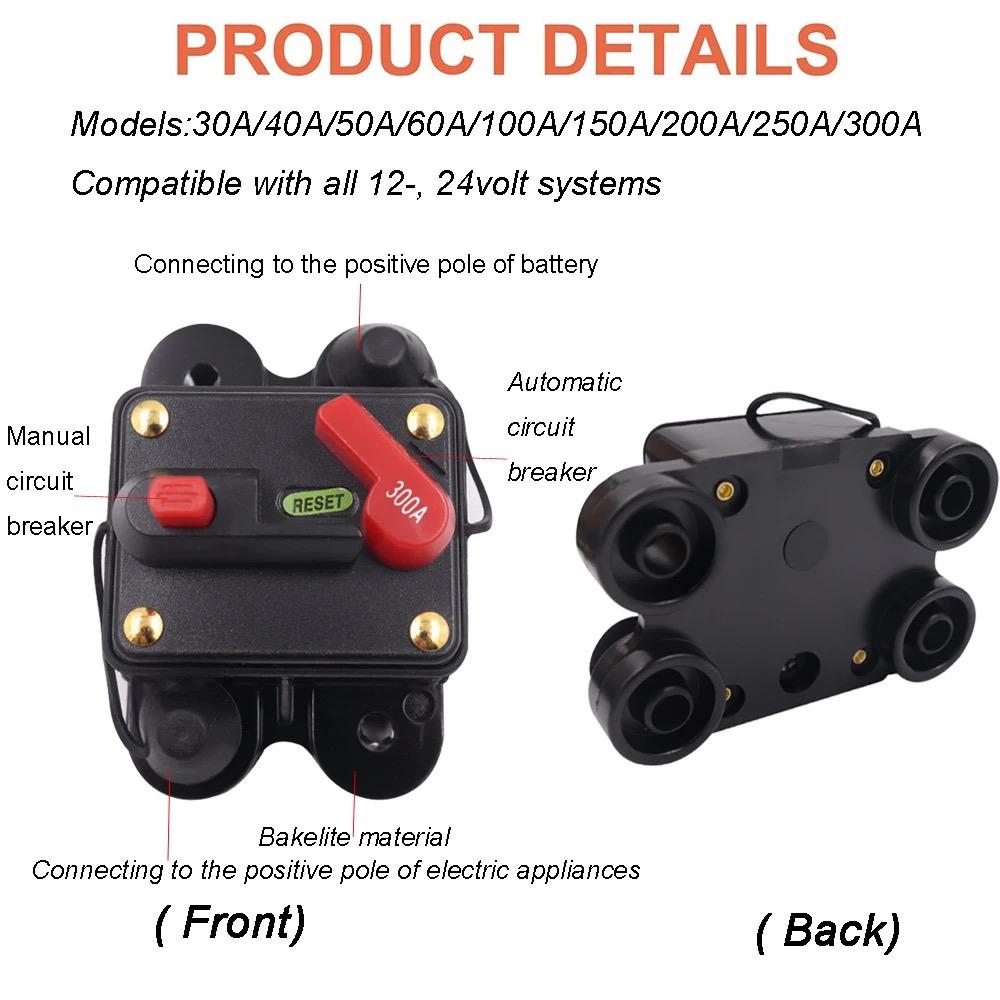 300A 250A 200A 150 100A 80A 60A 30A Circuit Breaker 12-42VDC Car Truck Audio Resettable Fuse Circuit Breaker with Power Protect Circuit Breaker 6