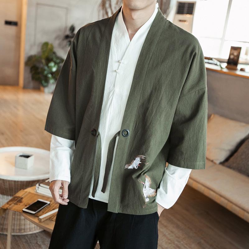 Three-Quarter Sleeve Hanfu Men's Traditional Taoist Robe - Chinese Style Zen Jacket