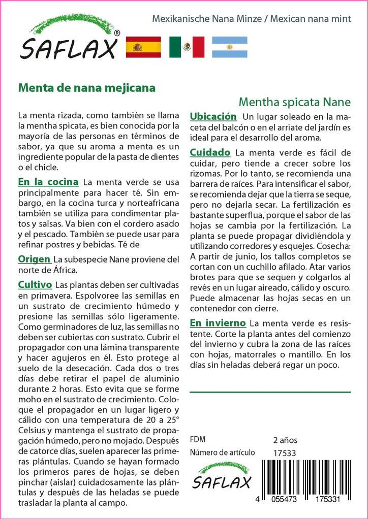 SAFLAX Garden In the Bag - Mexican Nana Mint - 500 Seeds - With Substrate In a Fitting Stand Up Bag - Mentha Spicata