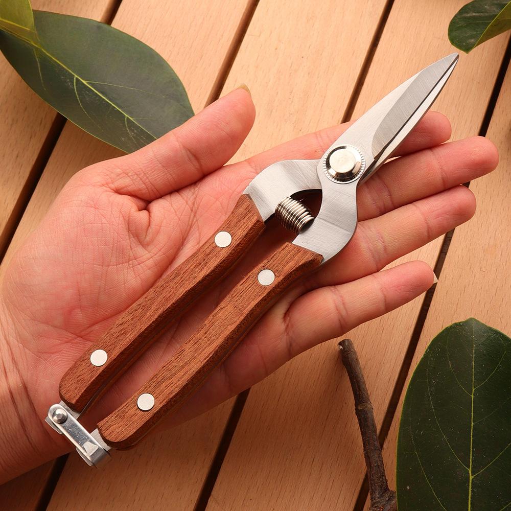 19cm Straight Blade Garden Pruning Shears, Solid Wood Non-Slip Handle, Manganese Steel Scissors for Fruit Picking & Plant Grafting