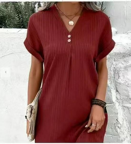 2023 V-Neck Solid Color Casual Button Dress for Women - Comfortable and Fashionable