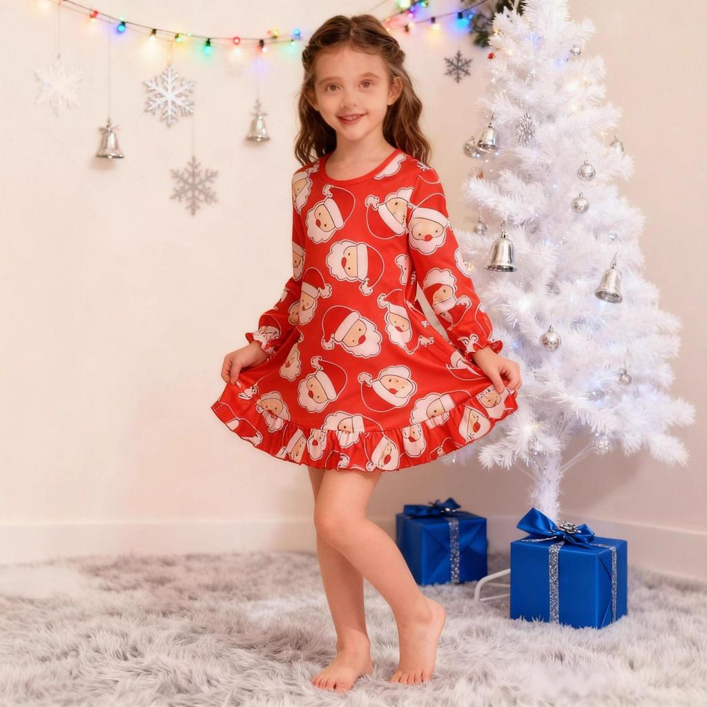 Girls' Christmas Festival 3D Printed Long Sleeve Dress - Fashionable Round Neck Style