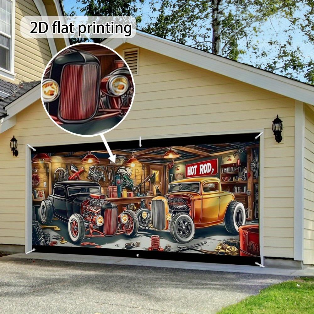 2D Flat Banner 1 Piece 1 Large Garage bannerRetro Car Workshop Decoration Strip with Classic Hot Rod Cars XY