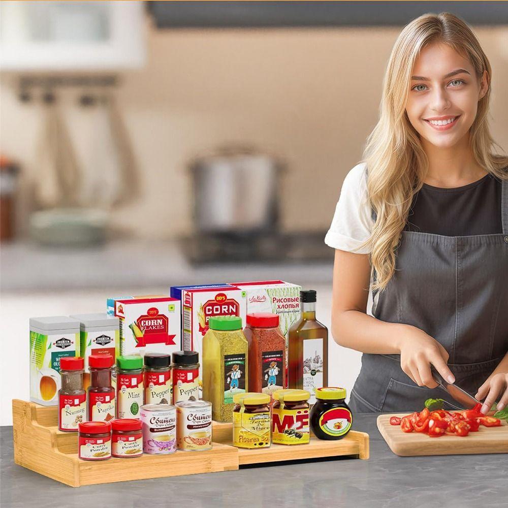 3-Tier Kitchen Cabinet Organizer Bamboo Spice Storage Shelf Spice Rack Organizer  Cabinet
