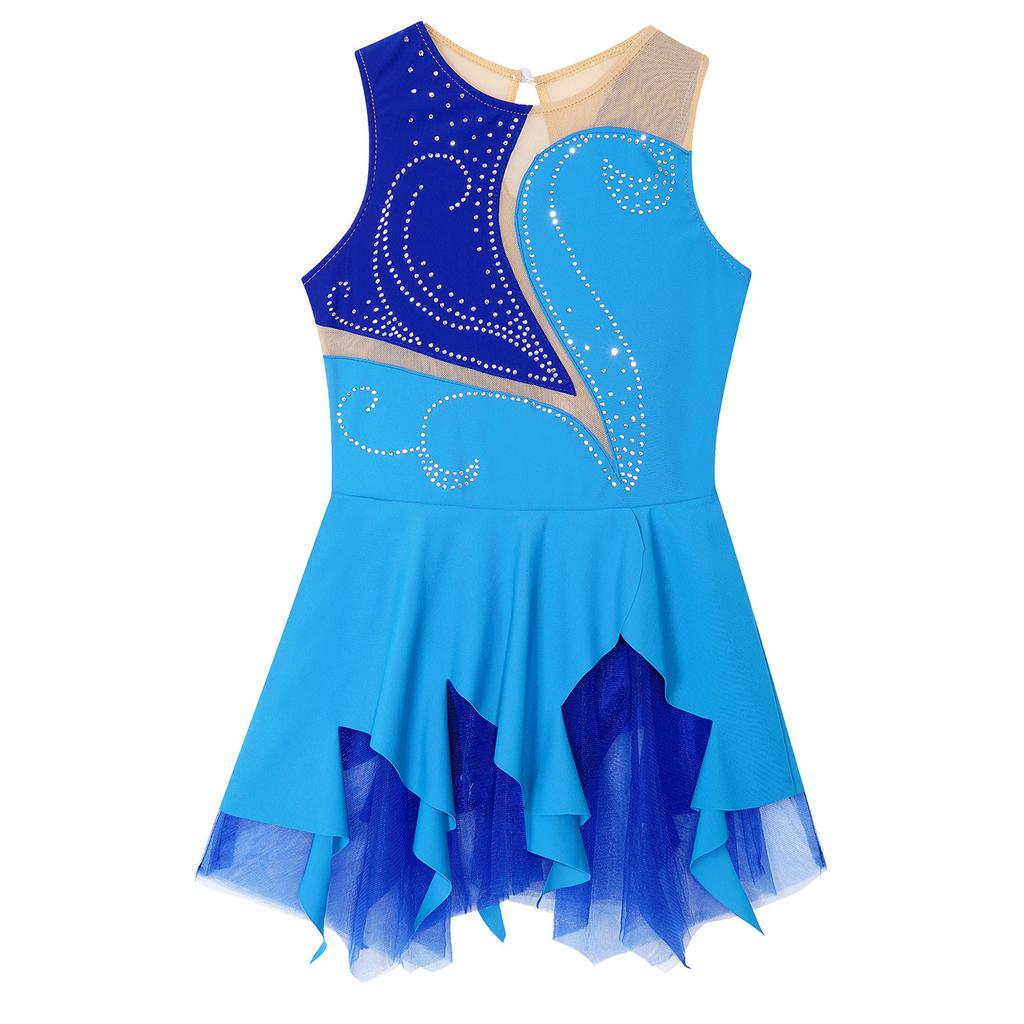 Kids Girls Rhinestone Skating Dress Sleeveless Round Neck Hollow Back Patchwork Style Figure Dance Costume