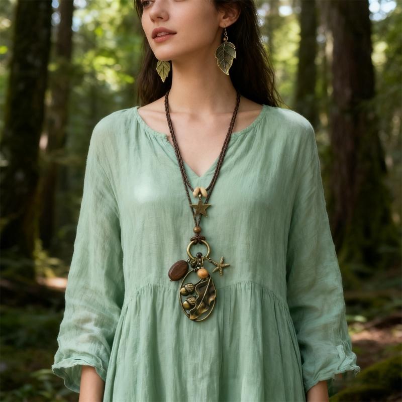 Handmade Waxed Cord Necklace Featuring Alloy Pendant And Natural Wood Beads Jewelry For Sensitive Skin