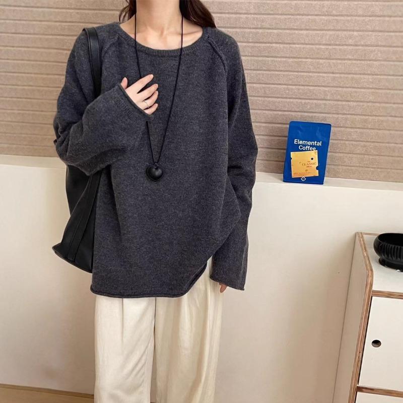 Loose large size lazy wind pullover sweater women's autumn and winter new design soft waxy crew neck knitted sweater