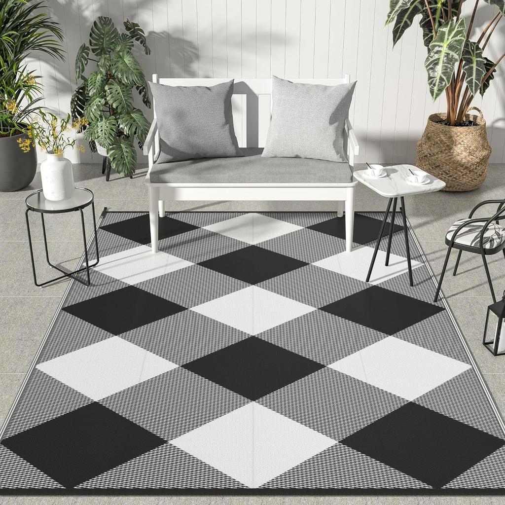 Retro Plaid Pattern Outdoor Carpet Geometrice Home Living Room Balcony Mat Camping Picnic Decorative Rugs Washable