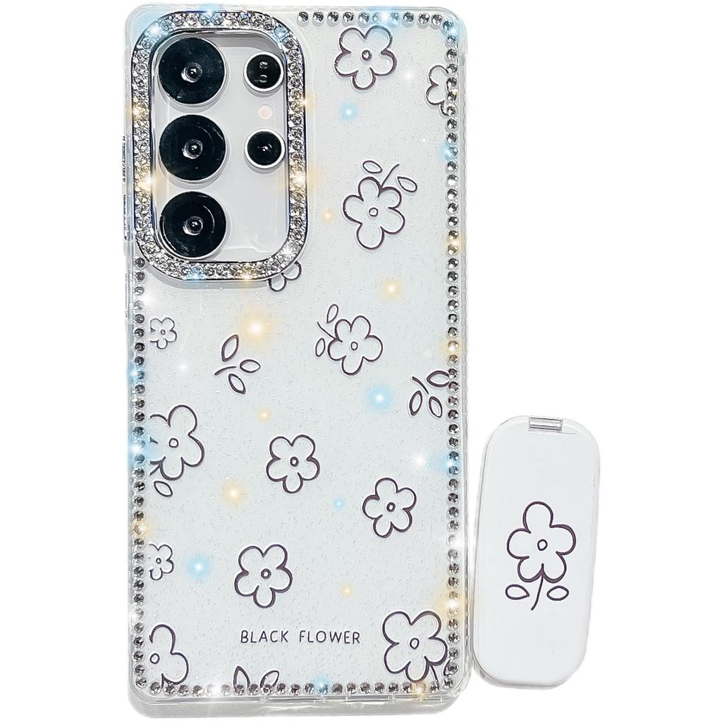 For Samsung Galaxy S25 Ultra Case with Straight Mirror Kickstand Rhinestone Edge Flower TPU+PC IMD Phone Cover