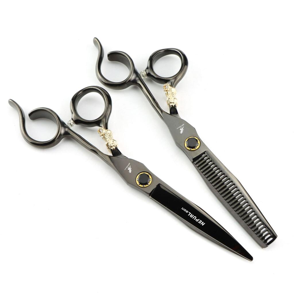 6.0 Inch Nimpson Black Steel Notched Handle Small Golden Tiger, Bearing Screw Hair Scissors, Hair Scissors, Thin Teeth Scissors