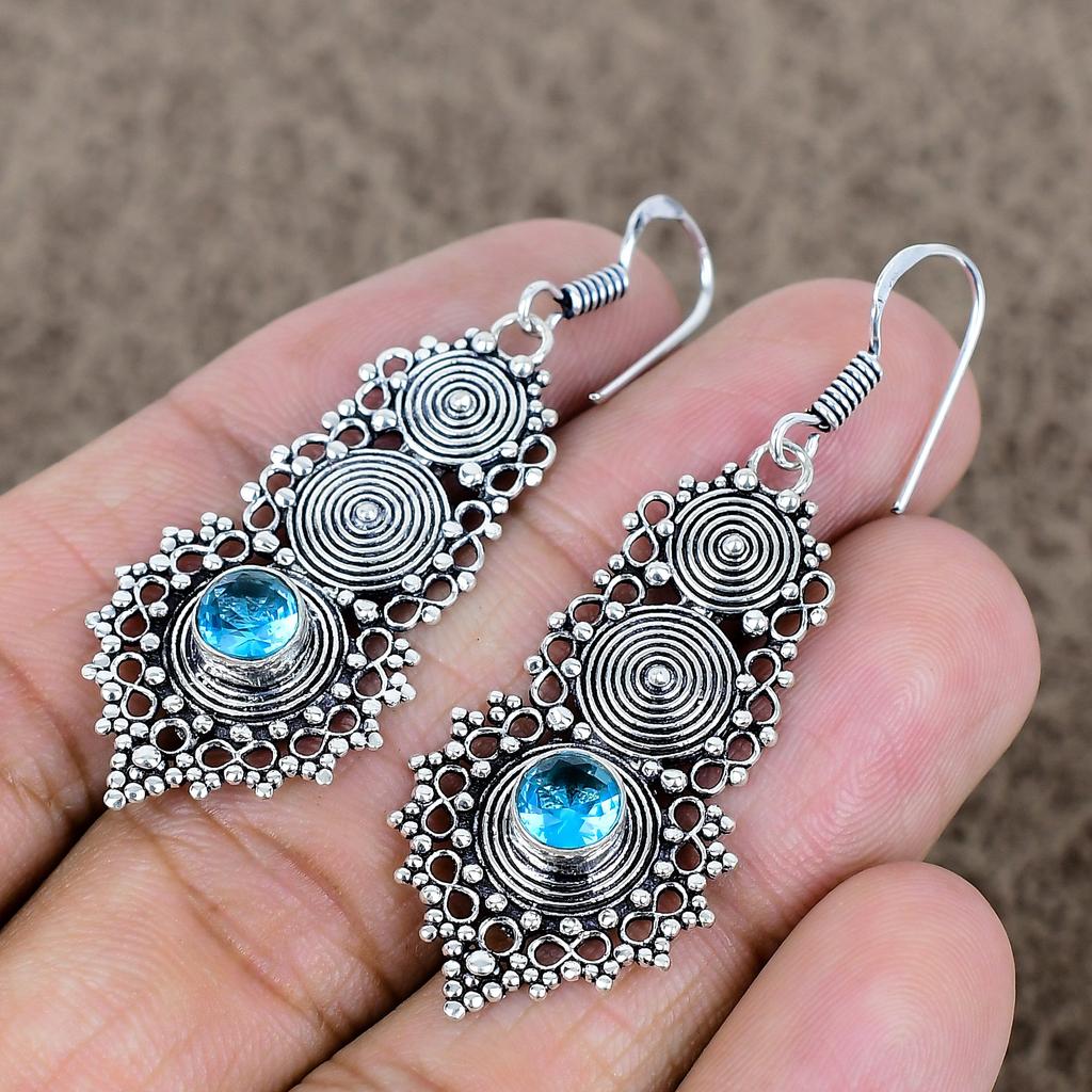 Swiss Blue Topaz Gemstone 925 Sterling Silver Jewelry Earring 2.25" KKG-758