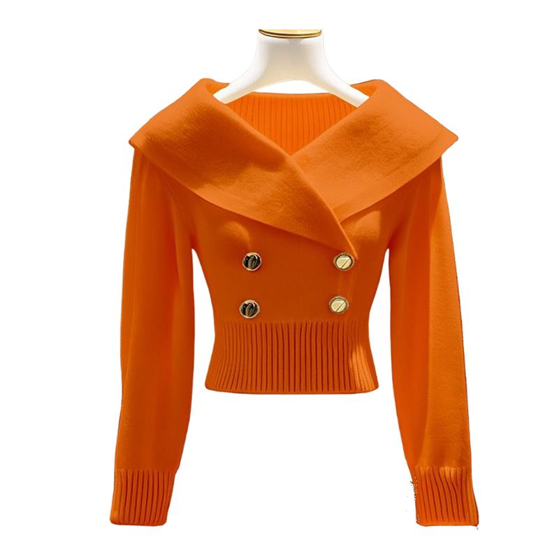 Women's Lapel Sweater Fall and Winter Solid Color Slim Knit Sweater Stretch Pullover Knitted Sweater