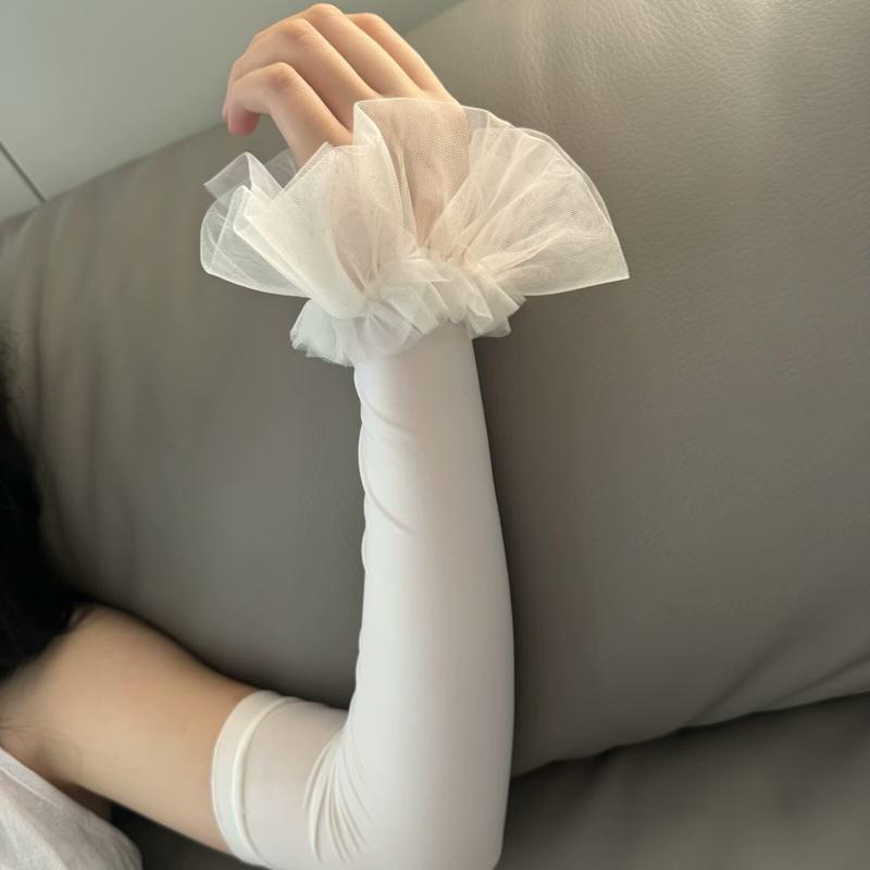Elegant Women Ruffle Solid Color Long Flare Sleeves Arm Cover Outdoor Sun Protection Driving Elastic Fingerless Gloves