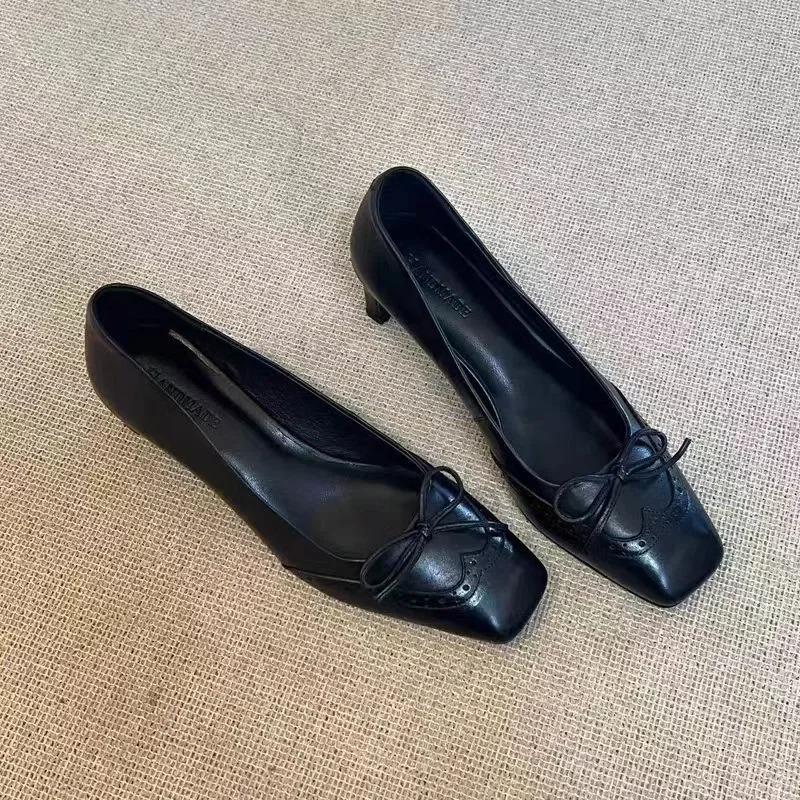 Fashion 2025Ballet High Heels Women Loafers Bow Square Toe Shoes Sandals Shallow Summer
