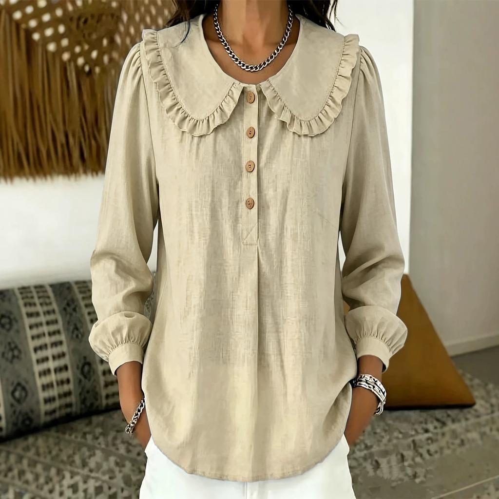 Women's Color Cotton Linen Loose Fit Long Sleeve Top with Collar