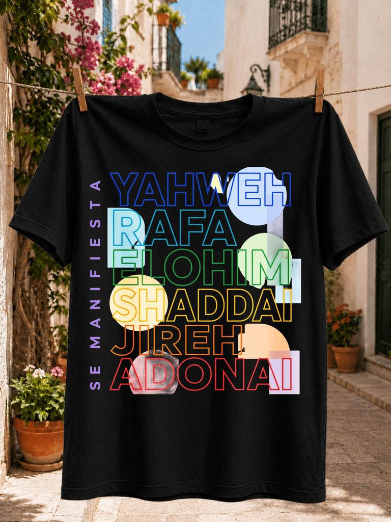 Yahweh Rafa Elohim Shaddai Jireh Adonai Names Of God Outline Typography With Modern Pastel Geometry Unisex All Tshirt