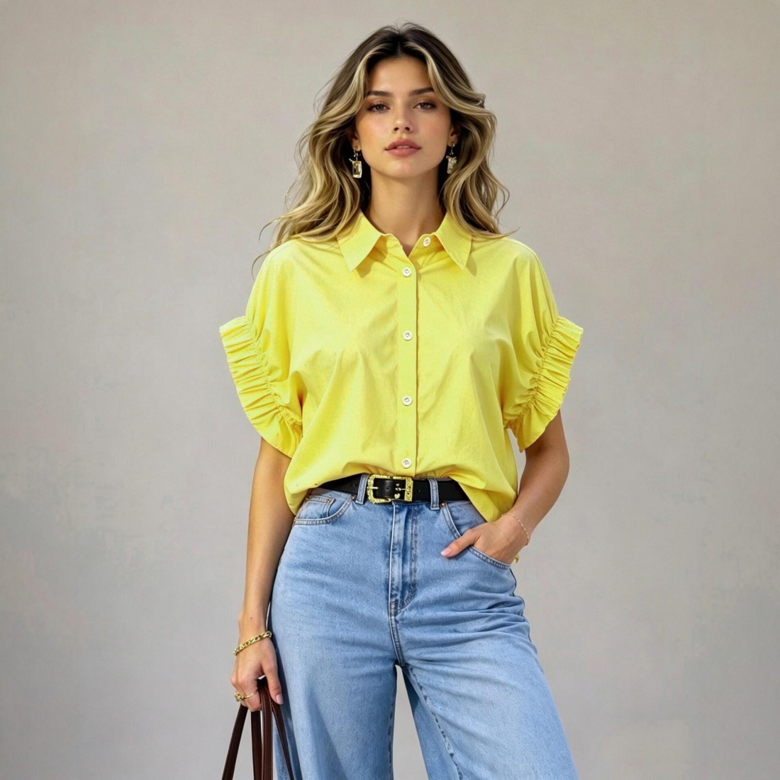 

Women Ruffled Short Sleeve Loose Fit Shirt Button Down Collared Blouse Casual Lightweight Top for Daily Wear XXL жовтий