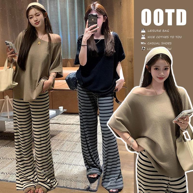 2026 Summer Maternity Knit One-Shoulder Top & Striped Pants Set M
